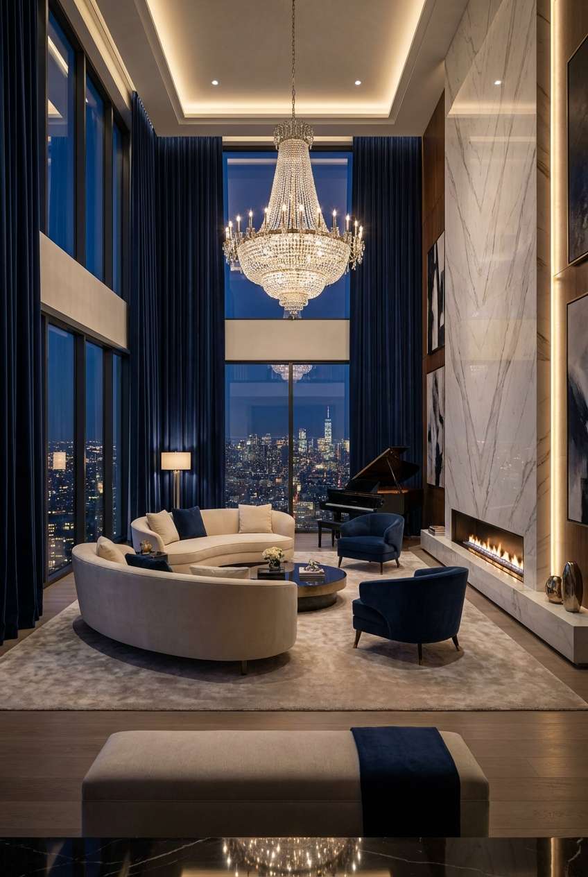 Grand, opulent living room with towering ceilings and dramatic floor-to-ceiling windows showcasing a nighttime city view. The room features voluminous dark blue velvet curtains, a massive crystal chandelier, and a curved, light beige sofa set arranged around a circular coffee table. A white marble fireplace wall anchors the space, next to a baby grand piano. Keywords: luxury high-rise living, dramatic interior, crystal chandelier, dark blue curtains, city skyline view, marble fireplace, formal sitting room