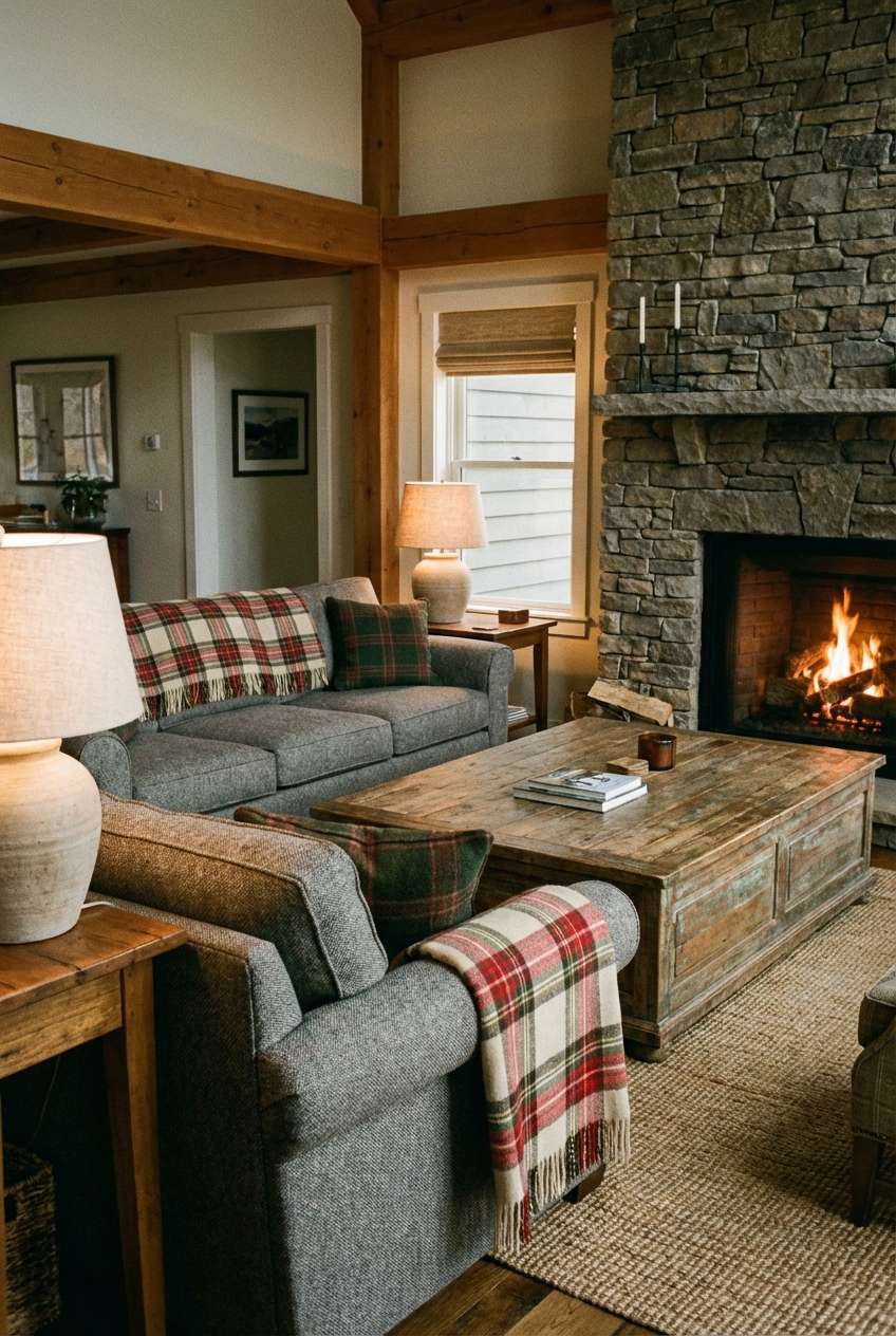 Rustic cabin living room centered around a massive stone fireplace with a roaring fire. The cozy lodge interior features grey sofas adorned with red and green plaid throw blankets, exposed wooden ceiling beams, and a large reclaimed wood coffee table resting on a woven natural fiber rug. 