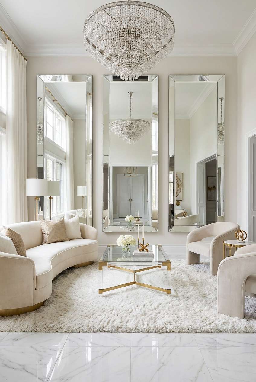 Luxurious glam living room with high ceilings, featuring three tall floor-to-ceiling mirrors, a massive crystal chandelier, curved white velvet sofas, gold accents, and a plush white area rug on marble floors.