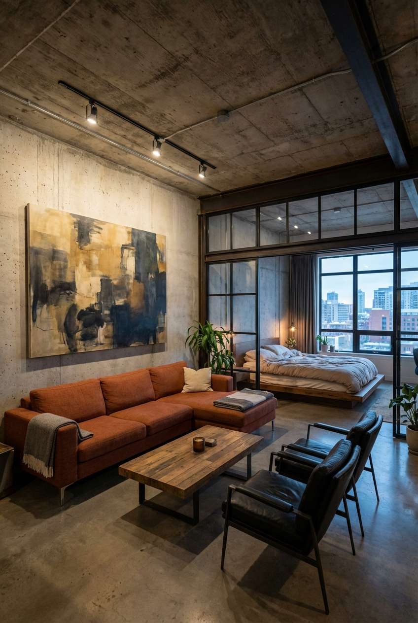 Industrial loft living room with raw concrete walls and ceiling, exposed metal beams, and an industrial-style glass and black metal partition separating the living area from the bedroom. A rust-orange or terracotta-colored L-shaped sectional sofa faces a rustic wooden pallet coffee table. Two black leather armchairs sit opposite the sofa, and a large abstract painting in warm tones hangs on the concrete wall. Keywords: industrial loft, concrete walls, exposed ceiling, orange sectional sofa, pallet coffee table, loft bedroom partition, abstract art