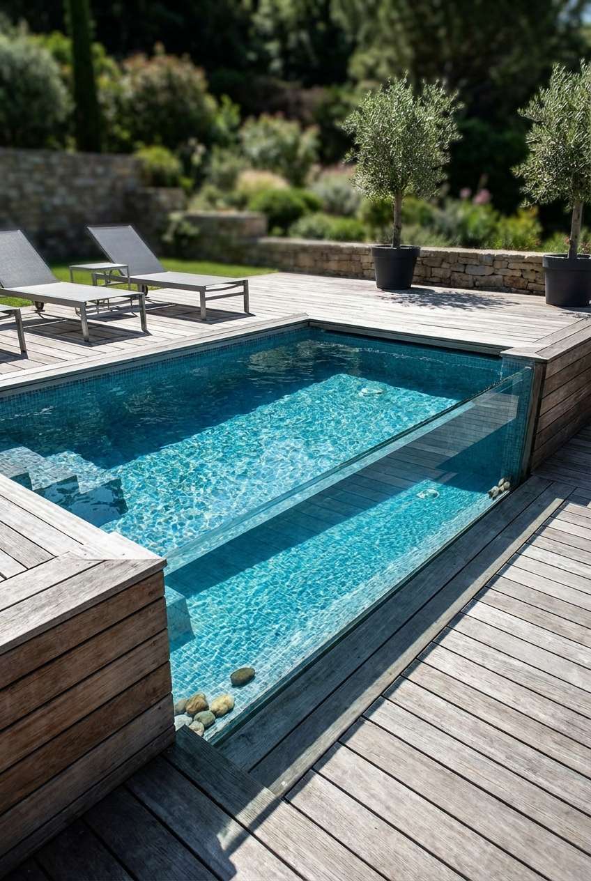 Bright, modern rectangular swimming pool with clear glass side panel, submerged steps, and turquoise tiled interior, surrounded by a light-colored wooden deck. Two empty grey lounge chairs are visible in the background next to a low stone retaining wall and lush green landscaping with potted olive trees