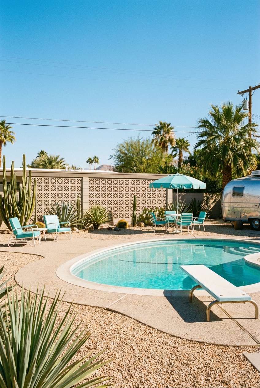 Mid-century modern backyard in a desert setting, likely Palm Springs, featuring a kidney-shaped turquoise swimming pool with a light blue diving board. The pool is surrounded by gravel, large cacti, agave plants, and a decorative breeze block privacy wall. Aqua blue patio furniture and a silver Airstream trailer are visible under a clear blue sky. Desert modernism, retro pool, xeriscape landscaping