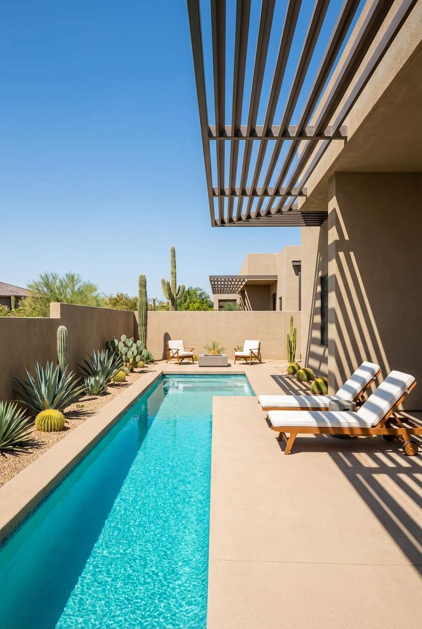 Narrow, rectangular swimming pool in a bright, sunny desert backyard setting, likely in the Southwest US. The pool is surrounded by light-colored concrete decking and features desert-appropriate landscaping with tall saguaro cacti, various agave plants, and barrel cacti. A modern building with earth-toned stucco walls features a slatted pergola casting strong shadow lines across the patio