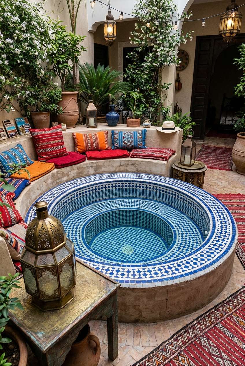 Intimate Moroccan-style courtyard (riad) featuring a circular, sunken soaking tub or small pool tiled in intricate blue and white zellige mosaic patterns. The tub is surrounded by built-in, curved seating adorned with numerous brightly colored, patterned cushions in reds, oranges, and blues. The space is decorated with terracotta pots, lush greenery, and hanging brass lanterns, creating a warm, exotic atmosphere