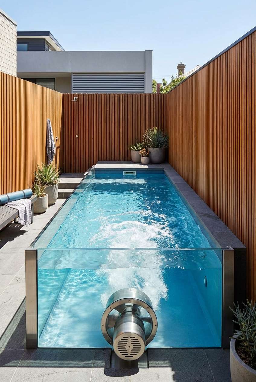 Modern, narrow swimming pool with a striking transparent glass end wall showcasing a built-in stainless steel swim jet/propulsion unit creating a powerful current and turbulence in the clear blue water. The pool is set in a clean, modern backyard with dark grey stone paving and tall vertical wood slat fencing
