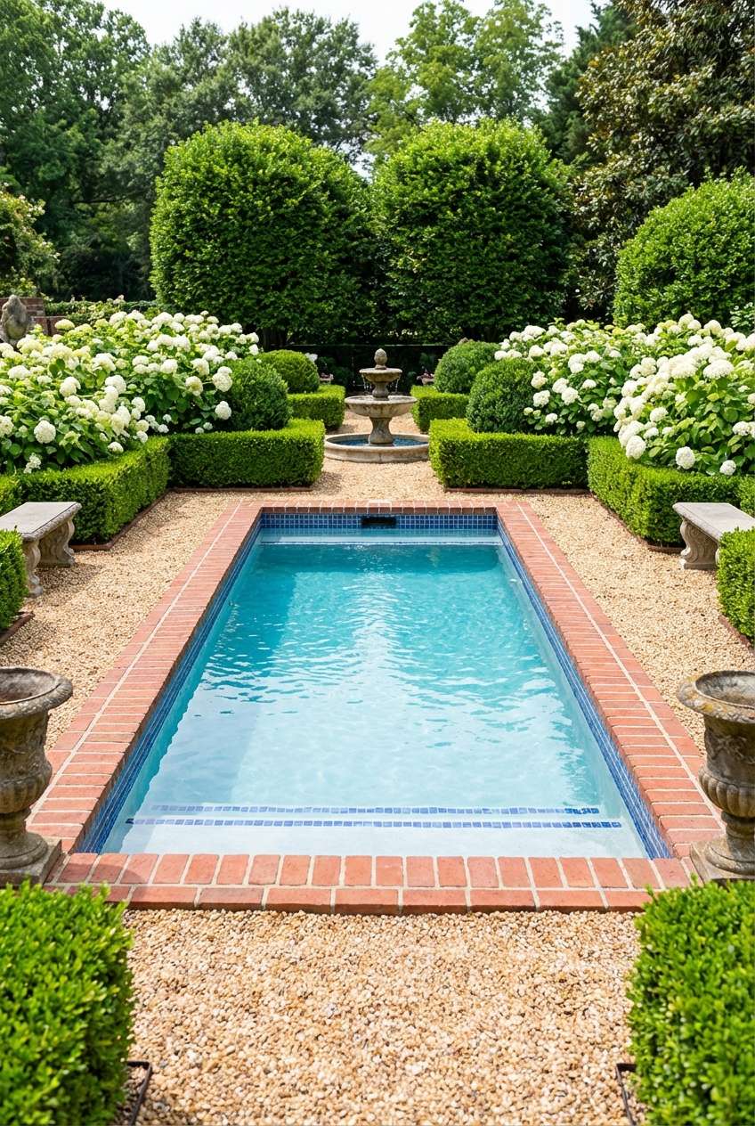Formal, traditional rectangular swimming pool set within a meticulously manicured garden or backyard. The pool is bordered by red brick coping and surrounded by light gravel pathways. The area is framed by perfectly trimmed green boxwood hedges and large mounds of white blooming hydrangeas, with a small tiered water fountain visible in the background center