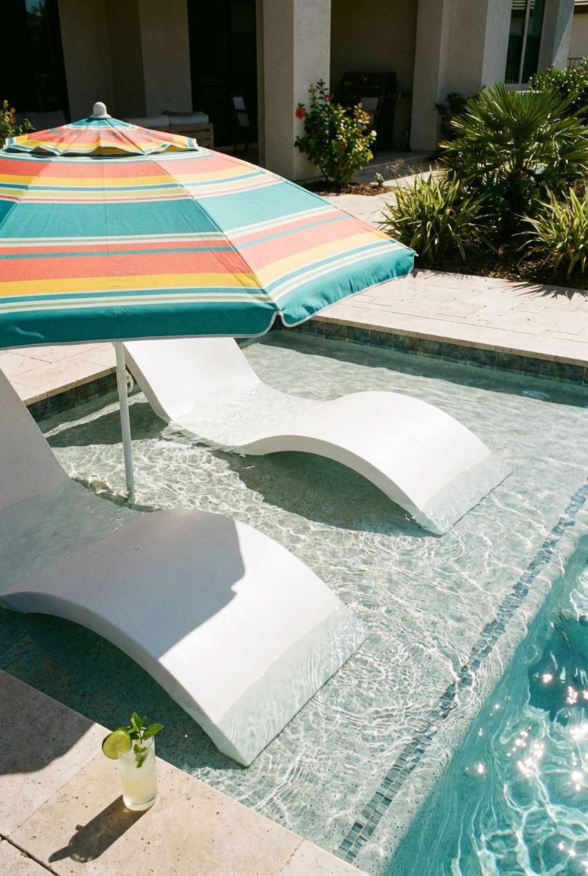 Close-up of two curved, white in-pool lounge chairs submerged in shallow, sunlit water on a hot day. A brightly striped (teal, orange, yellow) patio umbrella provides shade over the loungers. A glass of what appears to be a mojito or lime cocktail sits on the light-colored stone or tile surround beside the pool edge