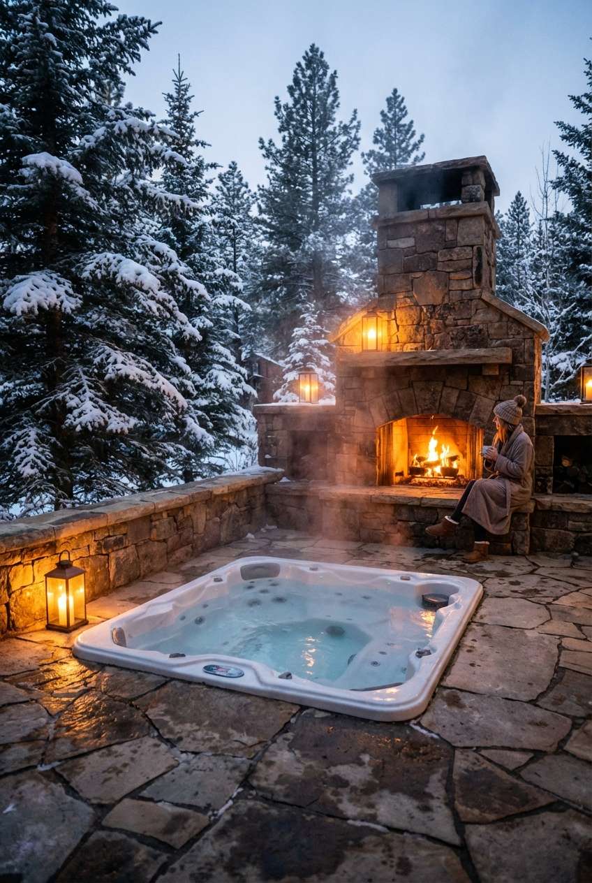 A person wearing a coat and hat relaxing in a white, square hot tub outdoors at dusk or night in a snowy, winter landscape. A large, rustic stone outdoor fireplace with a roaring fire provides warm light, illuminating the steam rising from the tub. The area is surrounded by snow-covered pine trees and a flagstone patio with a low stone wall and lit lanterns.