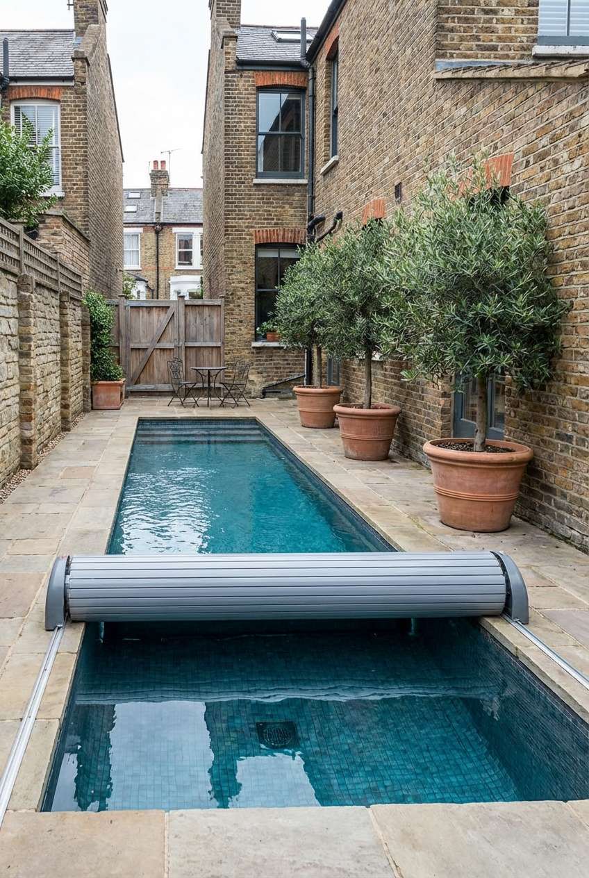 Narrow, rectangular backyard swimming pool with a partially rolled-up grey automatic cover, set between tall brick walls of terraced houses. Two potted olive trees flank the far end of the pool, which has light blue tiled water and a stone surround. Keywords: urban garden, narrow pool, lap pool, brick exterior, olive trees, pool cover. 