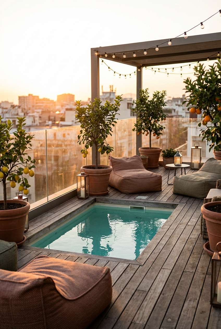 Rooftop terrace in a city setting at sunset featuring a small, sunken rectangular plunge pool surrounded by dark wooden decking. The area is furnished with casual, large beanbag-style chairs in earth tones, potted lemon and orange trees, and illuminated by overhead string lights under a modern pergola structure with a glass railing overlooking the cityscape. Rooftop pool, urban oasis, outdoor lounge, sunset view