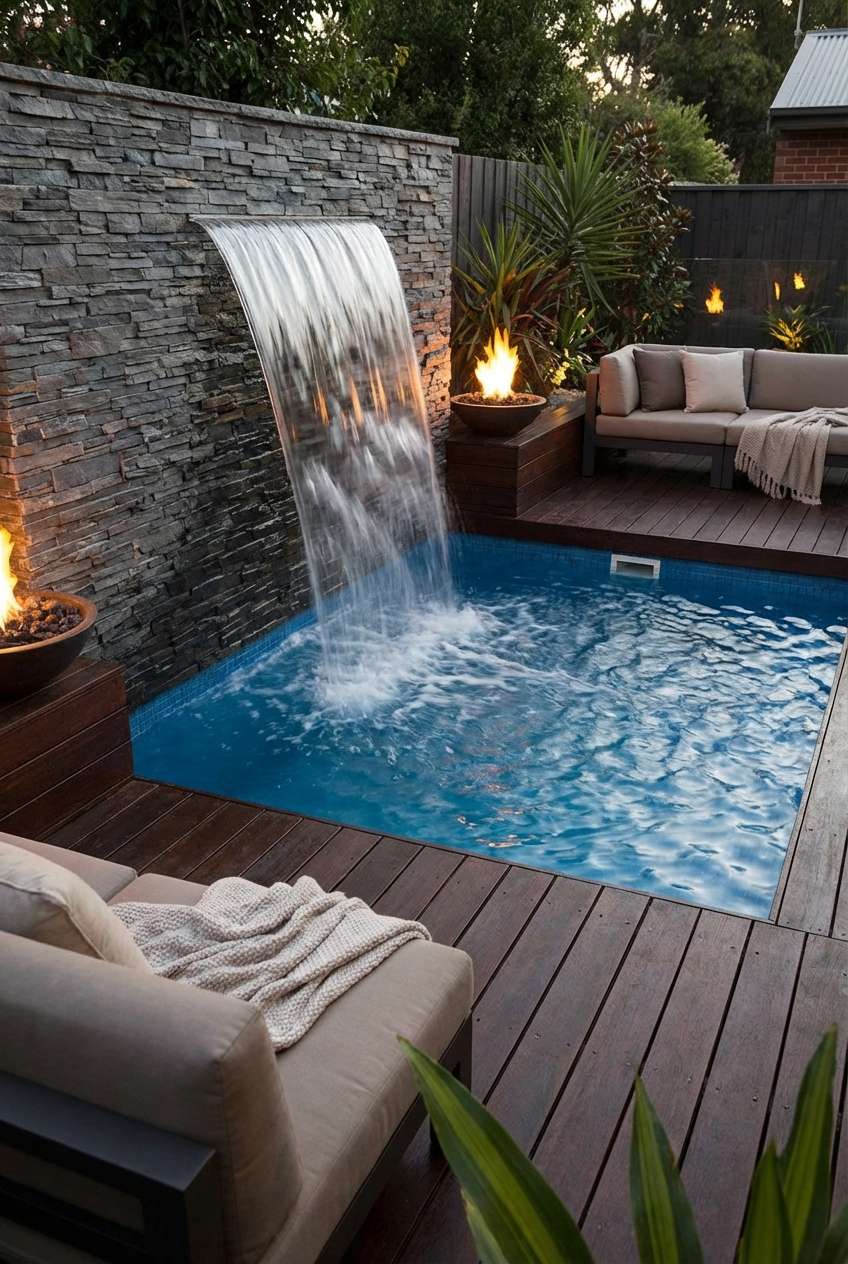 Small, modern square plunge pool or spa surrounded by dark stained wooden decking, featuring a dramatic sheet waterfall flowing from a stacked gray ledger stone feature wall. Two modern fire bowls flank the pool, creating a warm ambiance alongside comfortable outdoor sectional seating. Small backyard design, waterfall pool, outdoor fireplace, cozy spa area. 