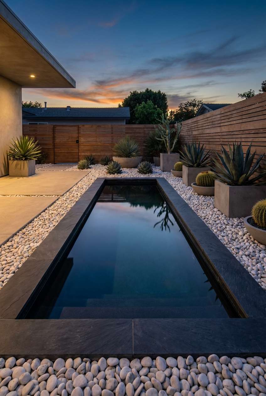 Sleek, dark rectangular plunge pool at twilight in a modern, minimalist backyard. The pool is bordered by dark coping and a wide expanse of smooth, light-colored river stones. Desert-style landscaping featuring large potted agave plants and cacti lines the perimeter against a horizontal wooden fence and a concrete structure