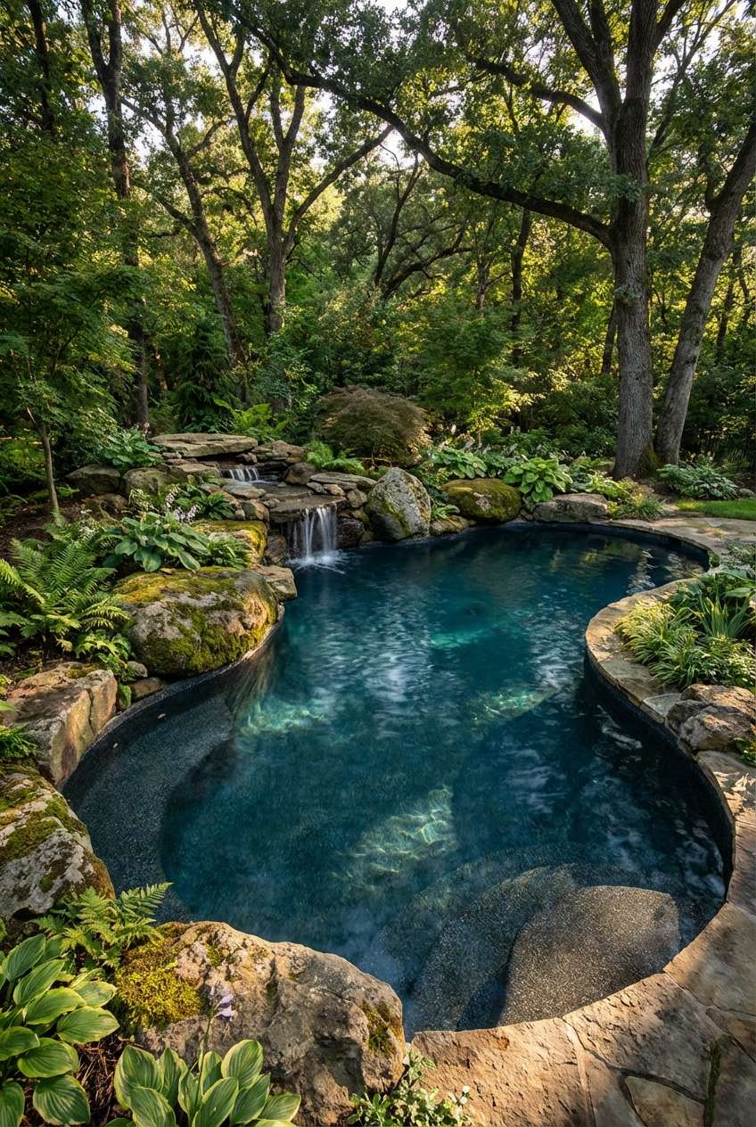 Naturalistic swimming pool shaped like a lagoon nestled in a lush green forest setting with large mossy boulders and small waterfalls feeding into the dark blue water. Keywords: natural pool, forest landscape, rock waterfall, jungle pool, swimming hole, backyard oasis. 
