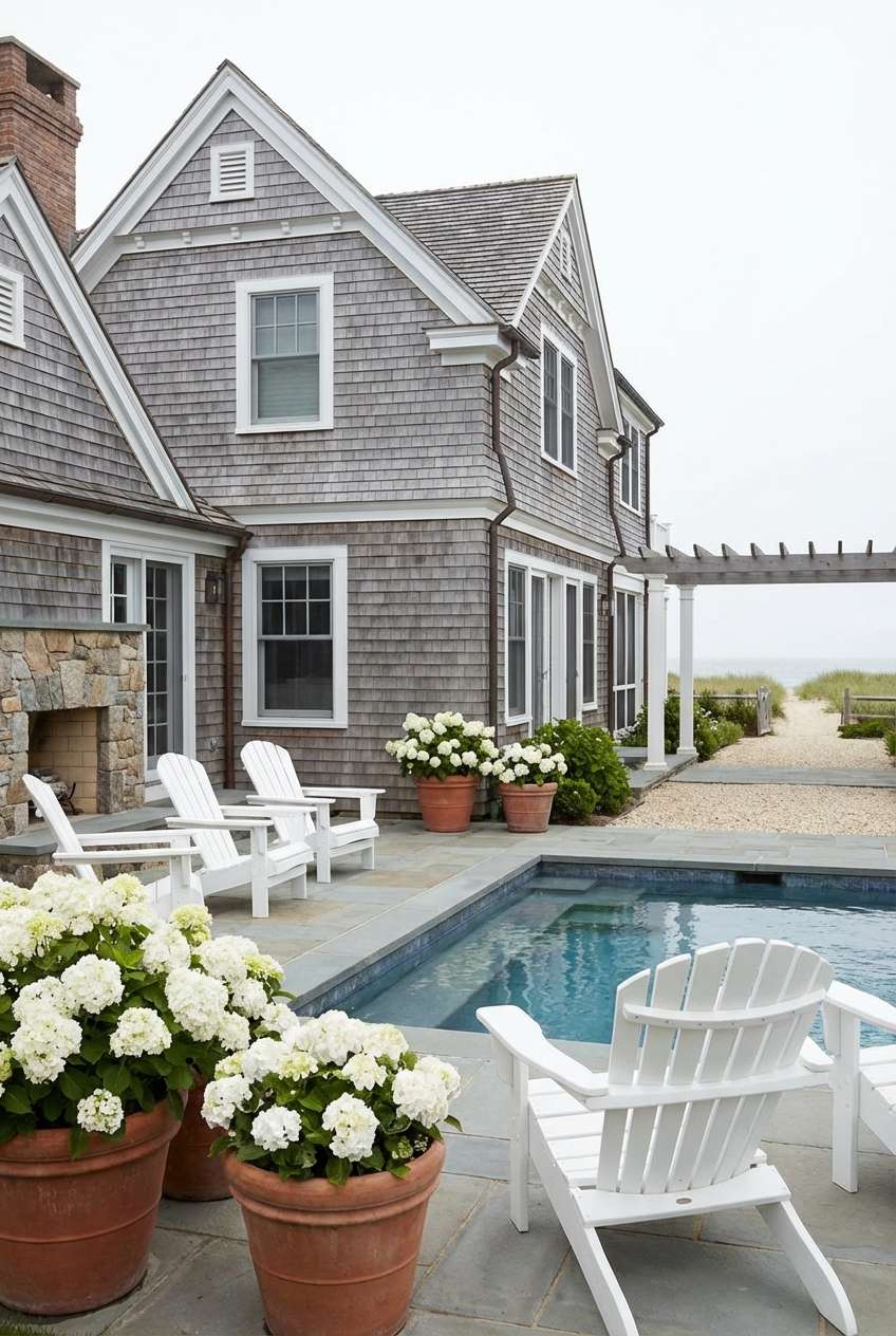 Coastal or Hamptons style backyard featuring a rectangular swimming pool with blue tile trim, set next to a shingled gray cedar house with white trim and a stone fireplace. The patio area has large blue-gray flagstones, white Adirondack chairs, and large terracotta pots overflowing with white hydrangeas. Beach house, New England style, classic pool area, seaside garden. 