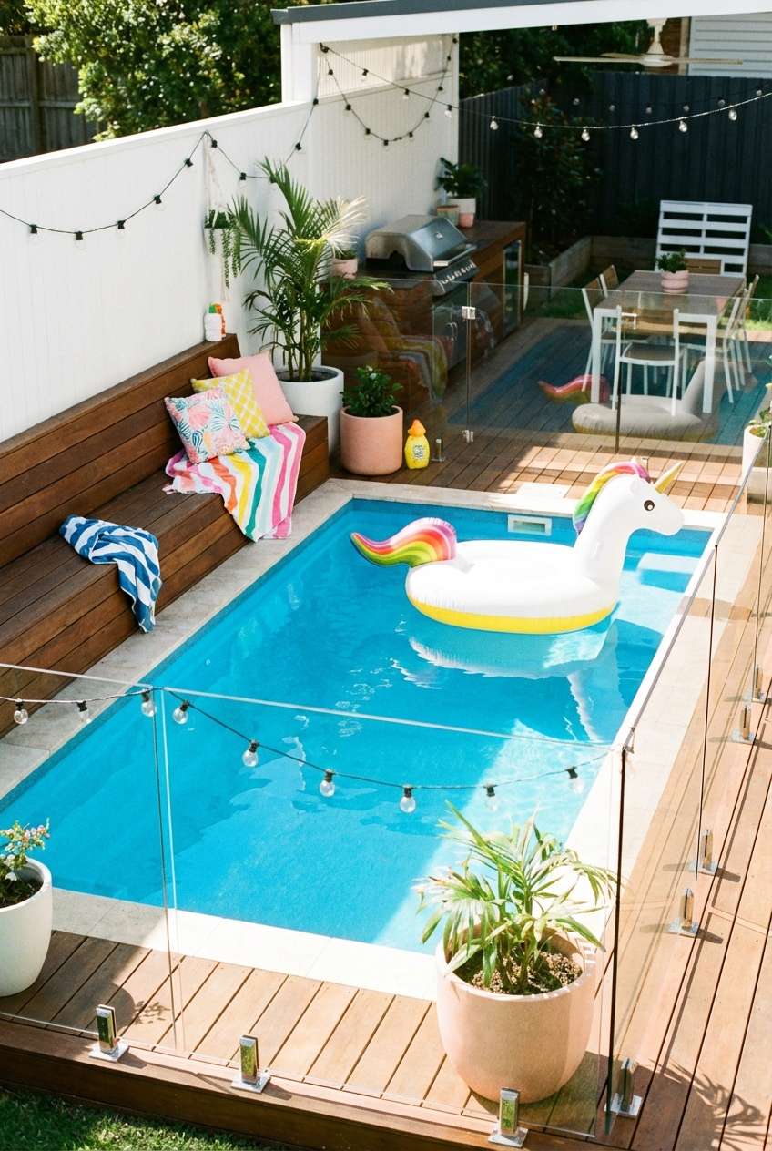Bright, vibrant overhead view of a small backyard swimming pool on a sunny day, featuring a large white and rainbow unicorn inflatable float. The pool is surrounded by a wooden deck, a built-in wooden bench with colorful pillows, a white privacy fence, and string lights overhead. Potted plants add greenery to the casual outdoor entertainment space