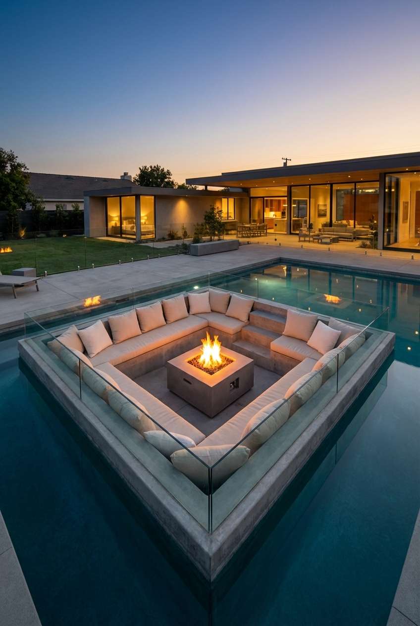 Modern square sunken lounge area inside a swimming pool at twilight, featuring a central fire pit, comfortable outdoor sectional seating with white cushions, and a glass barrier. A contemporary house with large windows glows in the background. Keywords: sunken seating area, pool fire pit, fire pit lounge, in-pool seating, modern backyard, outdoor living. 