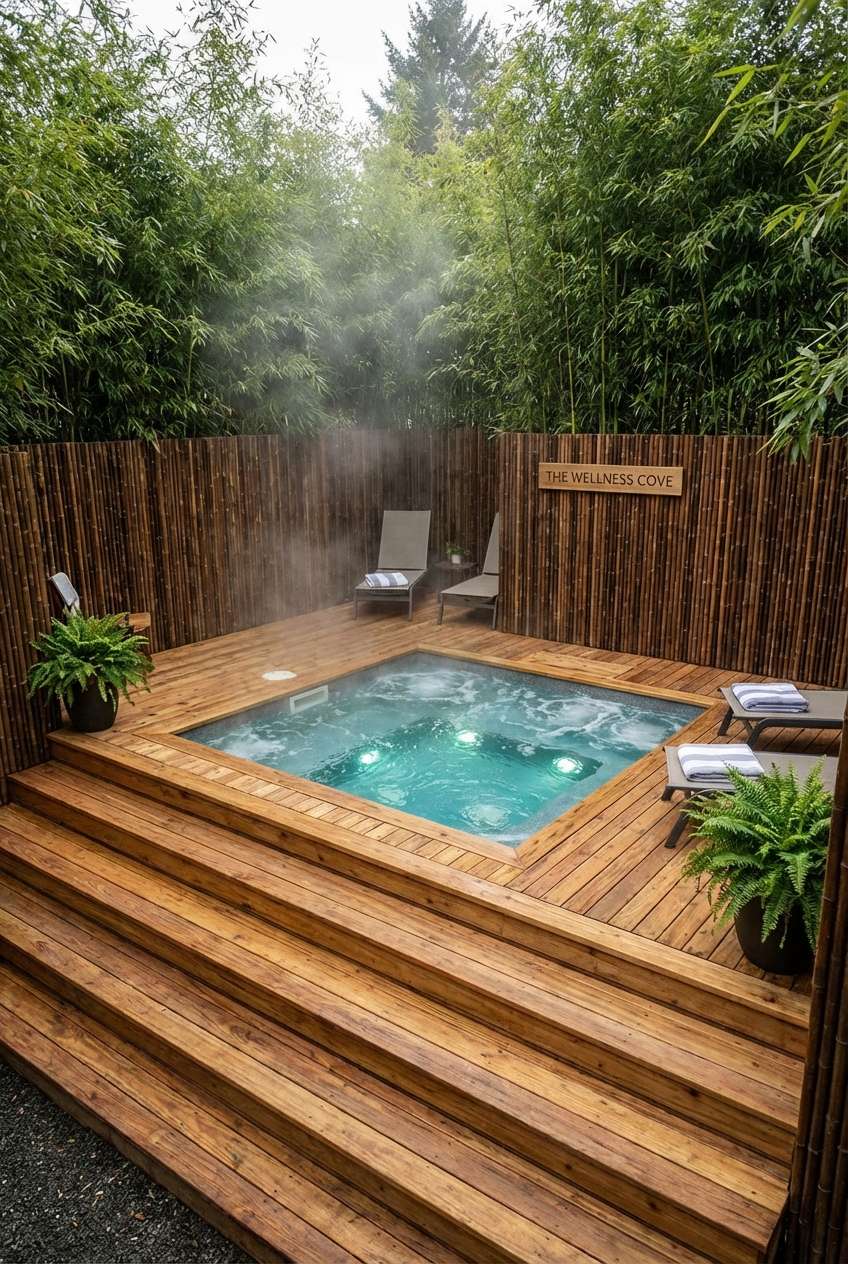 Luxurious outdoor hot tub or small soaking pool enclosed in a private area called "THE WELLNESS COVE" with steaming water visible. The square pool is sunk into a rich, warm-toned wooden deck with wide steps leading down to it, all surrounded by a tall bamboo slat fence and lush green foliage overhead. Wooden hot tub surround, bamboo screening, relaxation area, steam effect