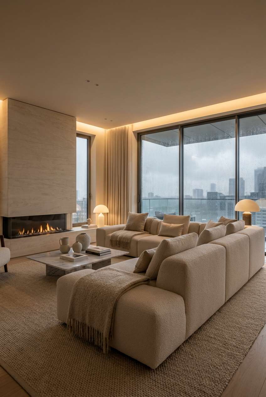 Luxurious, serene living room with floor-to-ceiling windows overlooking a rainy city skyline at dusk. A massive, modular cream or beige bouclé sectional sofa dominates the foreground. A modern, linear gas fireplace is set into a large, light-colored stone or marble wall. The room has warm recessed lighting and two mushroom-style table lamps casting a soft glow over a square marble coffee table with decorative ceramics. Keywords: luxury apartment, cream bouclé sofa, modern fireplace, floor-to-ceiling windows, city view, marble wall, warm lighting
