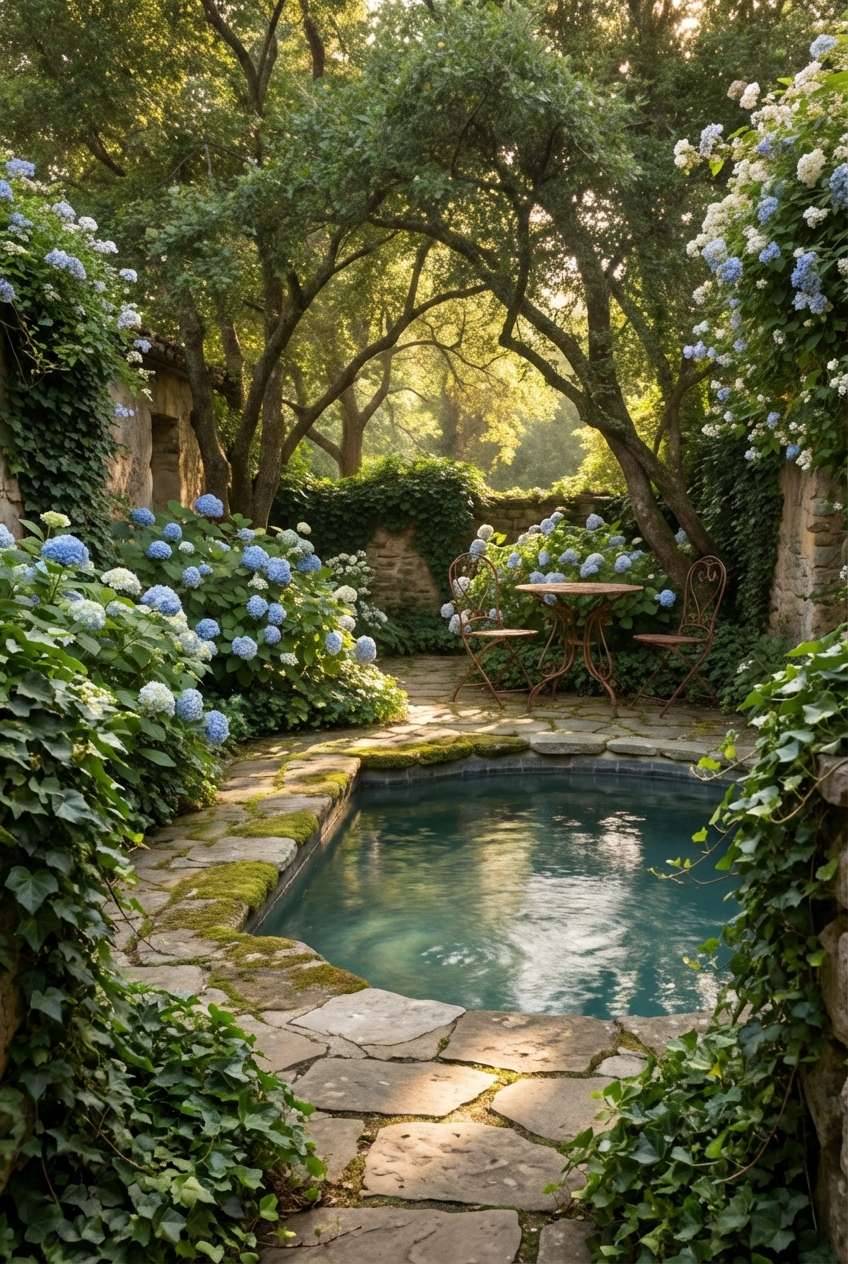 Enchanting, overgrown secret garden with a small, irregular-shaped stone pool or water feature. The area is richly framed by dense green foliage, climbing ivy, and masses of light blue and white hydrangeas. Stone pavers form the ground around the water, and a small wrought-iron table and two chairs sit tucked beneath an archway of trees, creating a fairytale or romantic garden scene