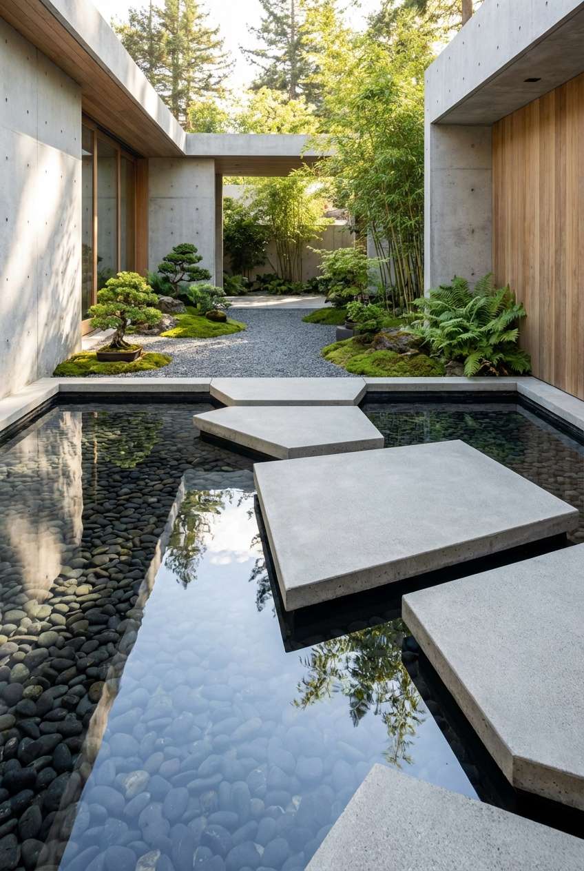 Minimalist Japanese-style garden courtyard featuring a shallow dark water feature with large, irregularly shaped grey stepping stones leading across the surface. The pond bottom is covered with smooth black river stones, surrounded by concrete walls, manicured bonsai, and bamboo. Keywords: Japanese garden, stepping stones, water feature, minimalist design, zen garden, concrete architecture. 