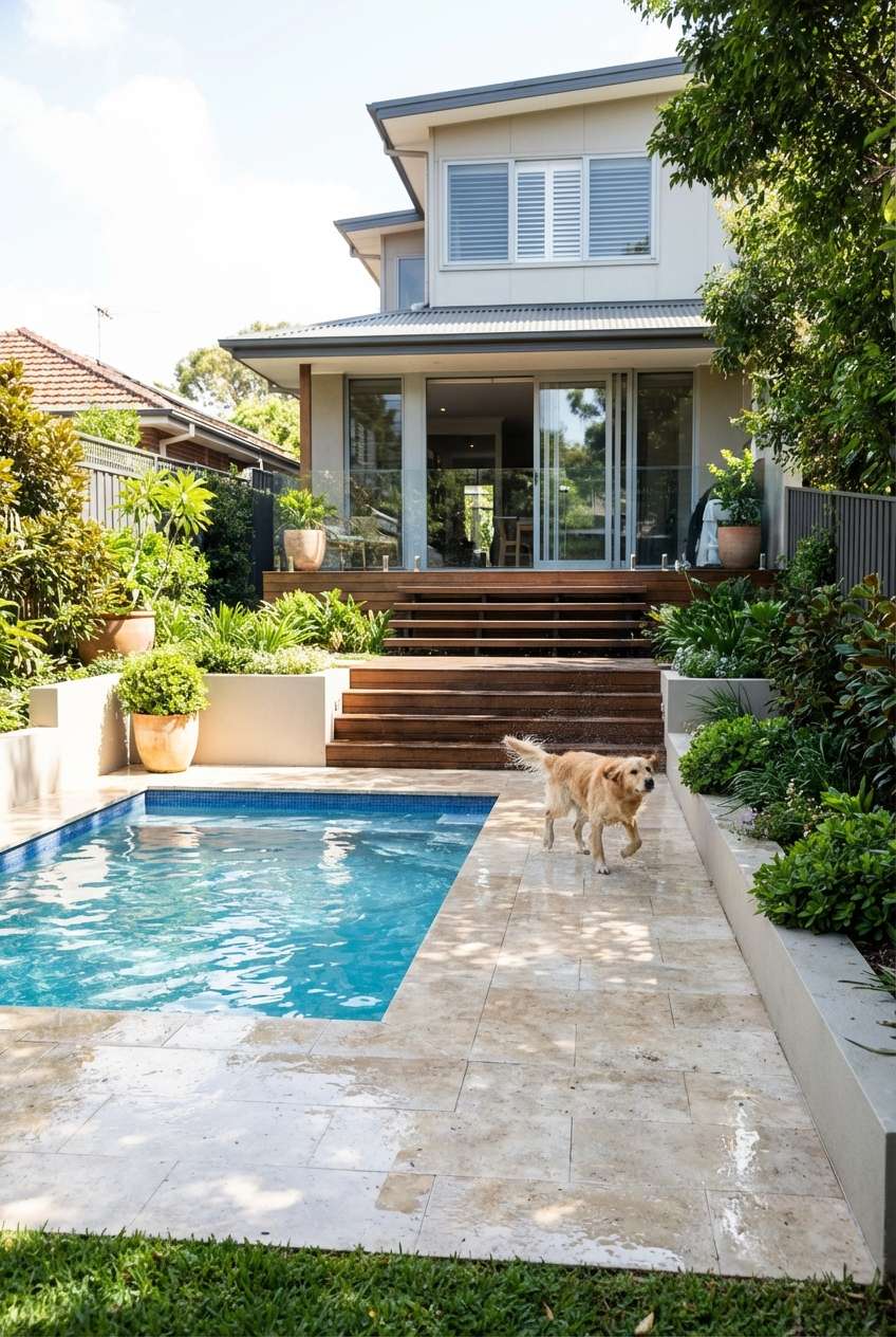 Backyard view of a small rectangular swimming pool with bright blue water and light travertine tile decking. A happy golden retriever dog is shaking off water near the pool edge. A modern two-story house with a large wooden deck and glass sliding doors is visible in the background, framed by lush landscaping. Keywords: backyard pool, golden retriever, travertine patio, residential swimming pool, dog by pool, modern home exterior. 