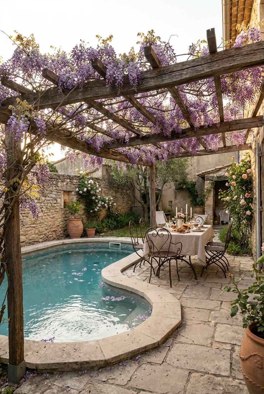 Romantic, rustic courtyard in a European or Mediterranean setting, featuring a small, organically shaped swimming pool with turquoise water dotted with fallen purple wisteria blossoms. A stone patio holds an elegantly set outdoor dining table beneath a weathered wooden pergola heavily draped with blooming purple wisteria vines, surrounded by old stone walls and climbing roses. French country style, al fresco dining, garden pool