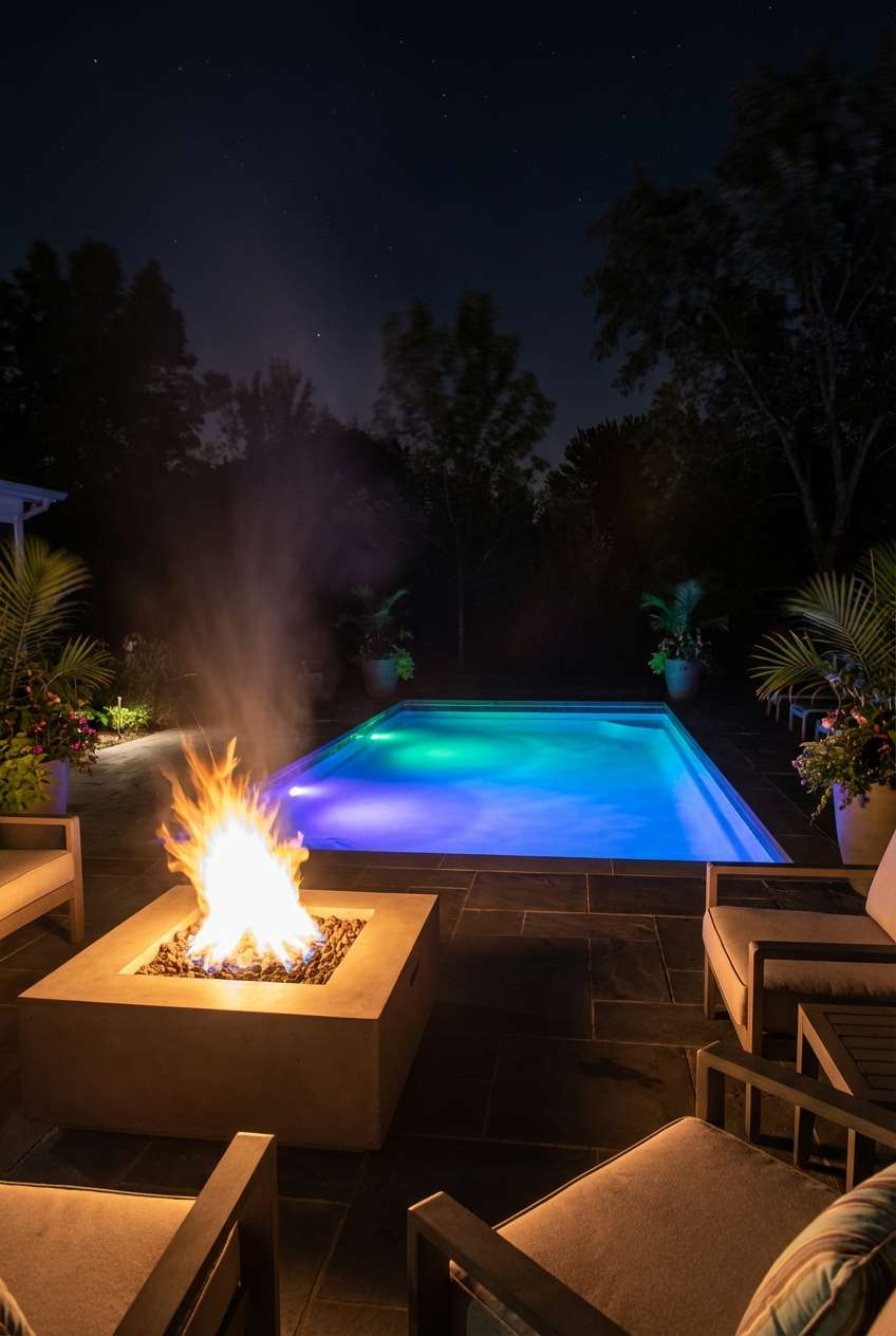 Luxurious rectangular swimming pool glowing with blue and purple underwater lighting at night, situated on a dark slate patio. A large, square gas fire pit in the foreground burns brightly with tall flames and rising smoke/steam, illuminating nearby modern outdoor lounge chairs. Lush dark greenery surrounds the backyard area under a starry night sky