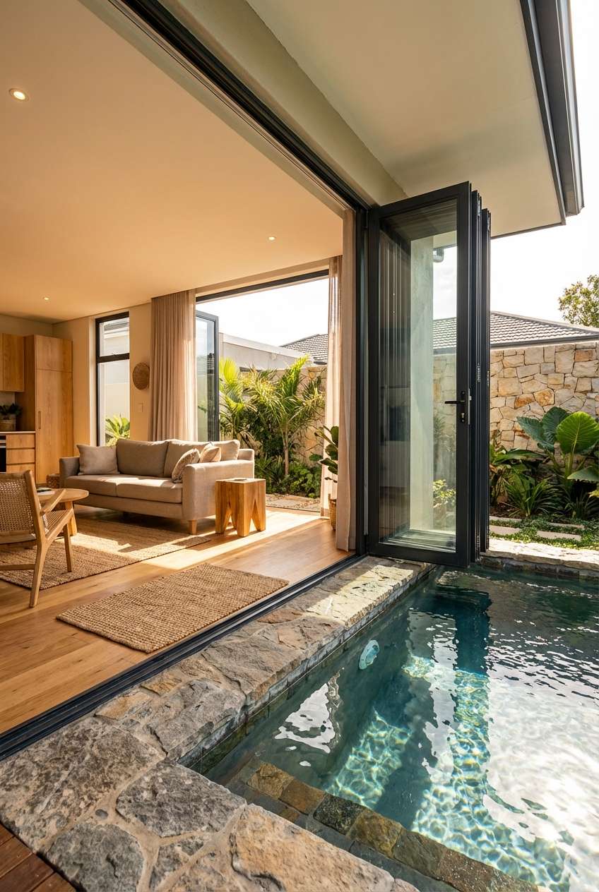 Interior living space opens directly onto a small plunge pool via wide bi-fold glass doors, blurring the line between indoors and outdoors. The indoor area features light wood flooring, a beige sofa, and natural textures, while the pool has a rugged stone coping. A small, private patio with a stone wall and tropical plants is visible beyond the pool. Keywords: indoor/outdoor living, plunge pool, bi-fold doors, natural light, stone coping, modern interior. 