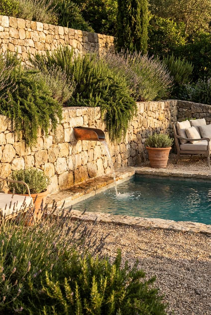 Small, rustic swimming pool or dipping pool nestled against a terraced hillside supported by rugged stacked stone retaining walls, with lavender and rosemary bushes growing on the terraces. A copper or rustic metal spout flows water into the pool, which has a natural stone and gravel surround, with outdoor lounge seating visible. Tuscan style, natural stone pool, garden water feature, Mediterranean landscape