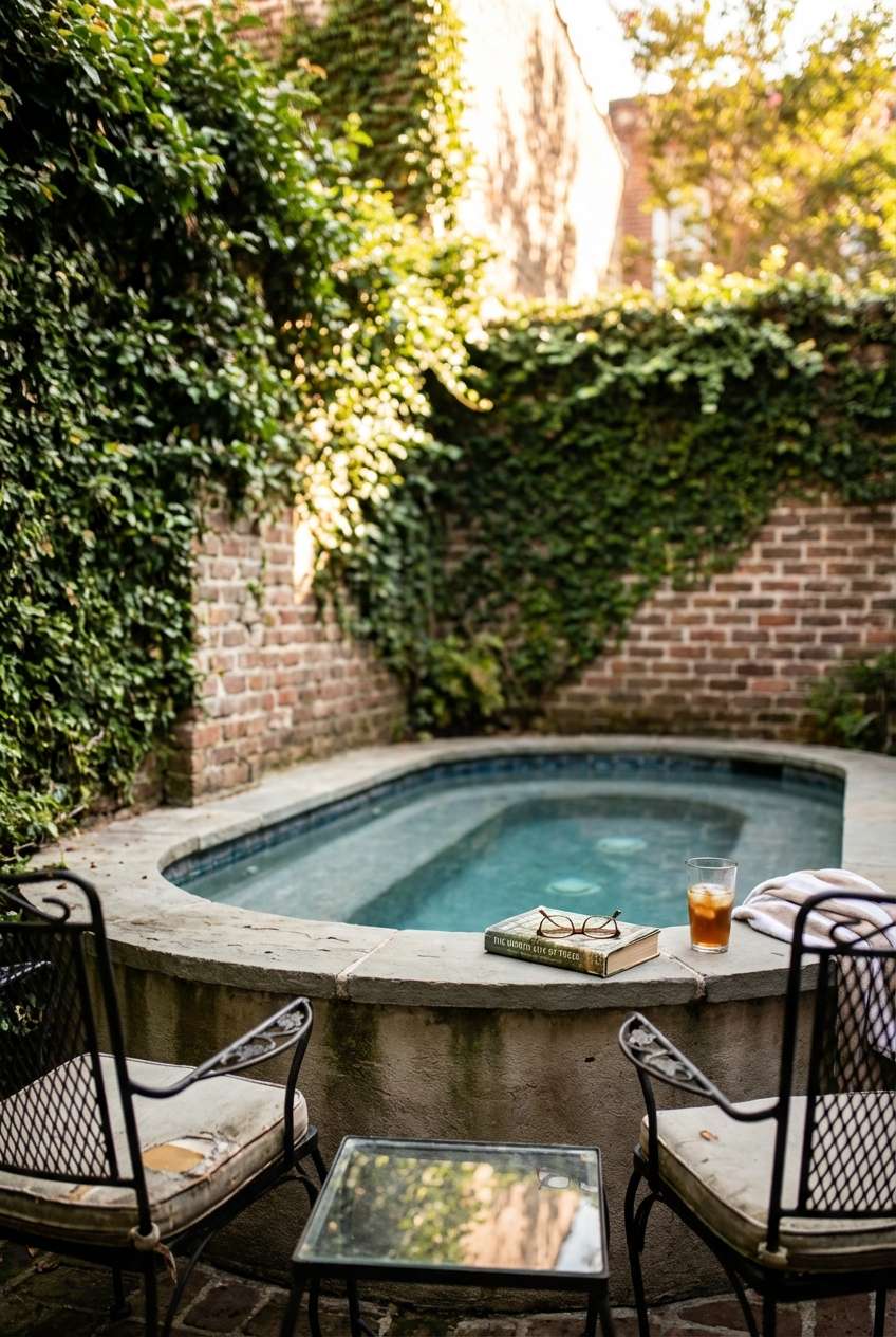 Cozy, intimate outdoor area featuring a small, stone-surrounded hot tub or small pool. Two wrought-iron patio chairs sit in the foreground, facing the water, with a book and a glass of iced tea resting on the edge. Brick walls covered in dark green ivy create a secluded, shaded atmosphere. Keywords: intimate spa, brick courtyard, ivy wall, patio relaxation, outdoor reading, wrought iron furniture. 