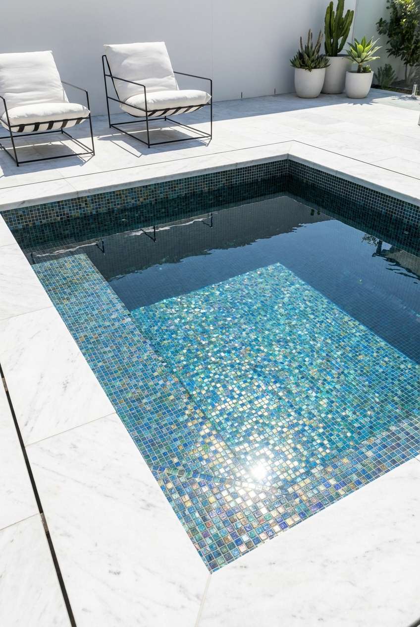 Modern square plunge pool with brilliant, iridescent blue and turquoise mosaic tile lining the interior, reflecting bright sunlight. The pool is framed by crisp white marble coping and a surrounding light-colored patio, with two minimalist black-framed outdoor lounge chairs with white cushions nearby and potted succulents against a plain white wall. Modern pool design, iridescent tile, luxury spa, minimalist patio