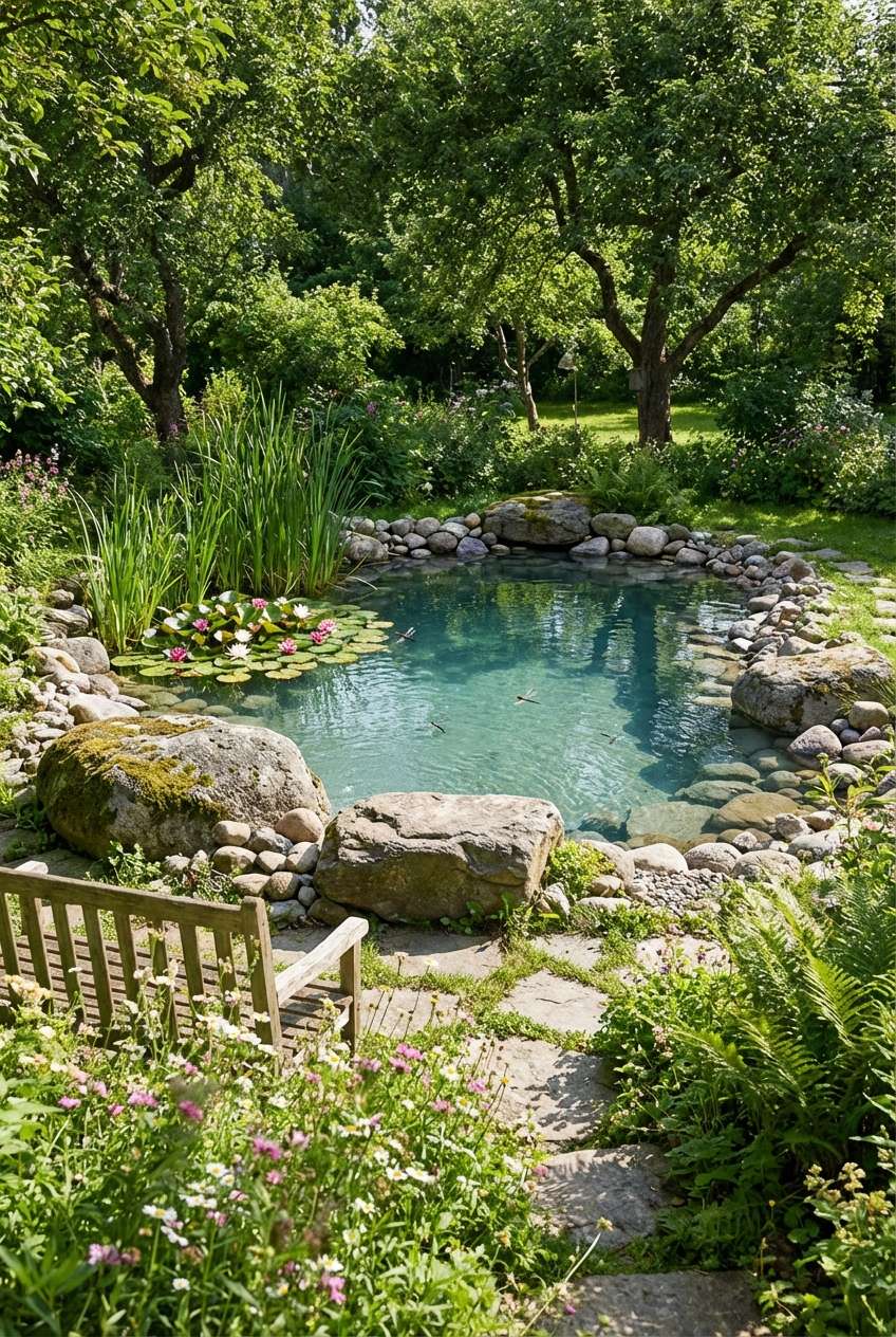 Serene, natural backyard pond or small natural swimming pool surrounded by lush green foliage, tall grasses, and large moss-covered boulders and river stones. Pink and white water lilies float on the clear blue-green water. A rustic wooden bench sits at the edge, inviting quiet contemplation in the shaded garden setting