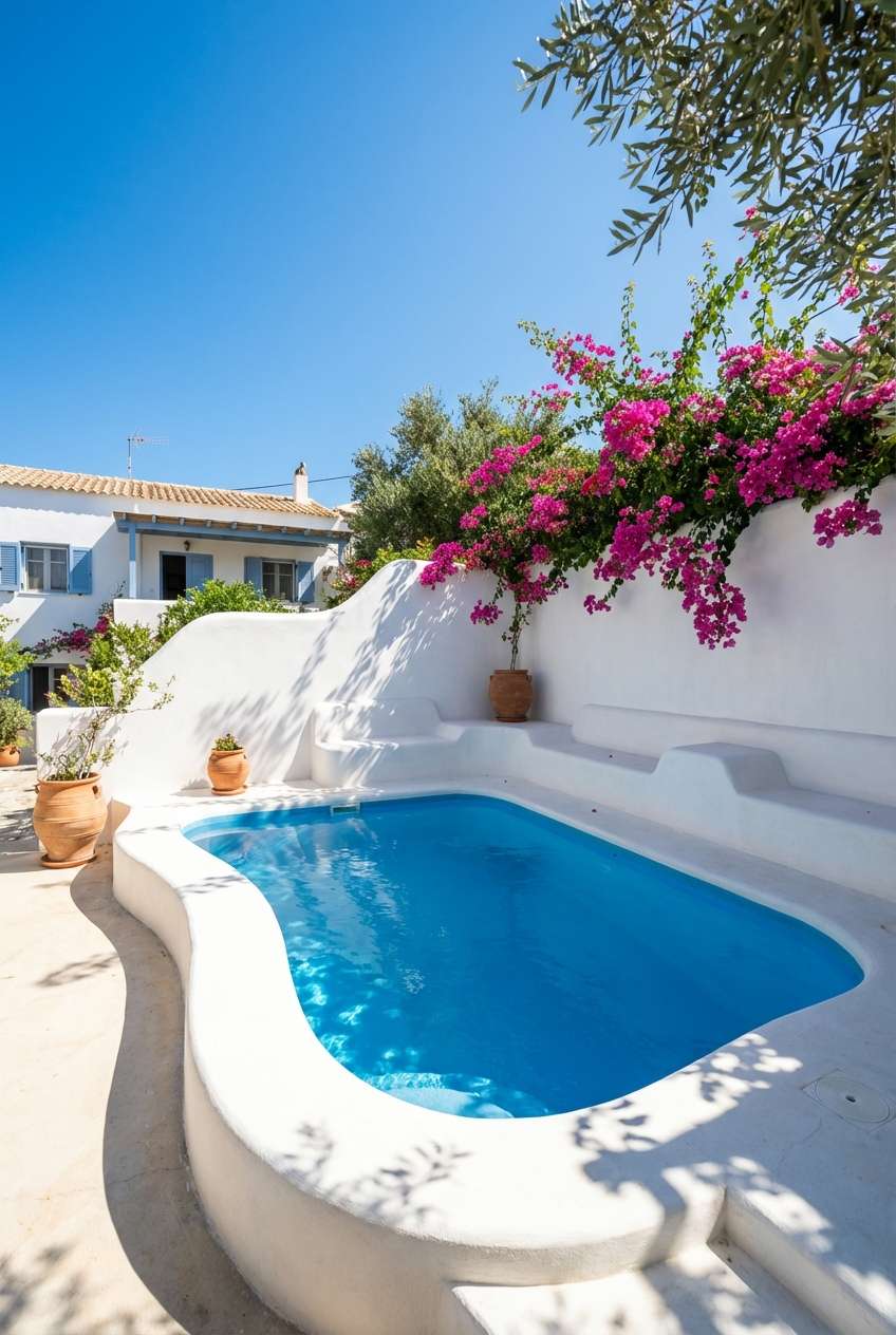Vibrant, sunny outdoor scene featuring a uniquely shaped, bright blue swimming pool set against whitewashed curved walls, reminiscent of Greek island architecture. Bright pink bougainvillea cascades over the white wall, contrasting with the clear blue sky. Keywords: Mediterranean pool, whitewashed exterior, bougainvillea, curved pool design, sunny courtyard, Greek style. 