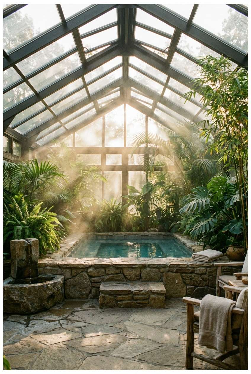 Cozy, steamy indoor spa or hot tub enclosed within a greenhouse or sunroom with a pitched glass ceiling and walls. The stone-surrounded hot tub features steps and a small natural stone water fountain feature. Tropical plants like ferns and monsteras fill the space, creating a humid, sunlit jungle atmosphere